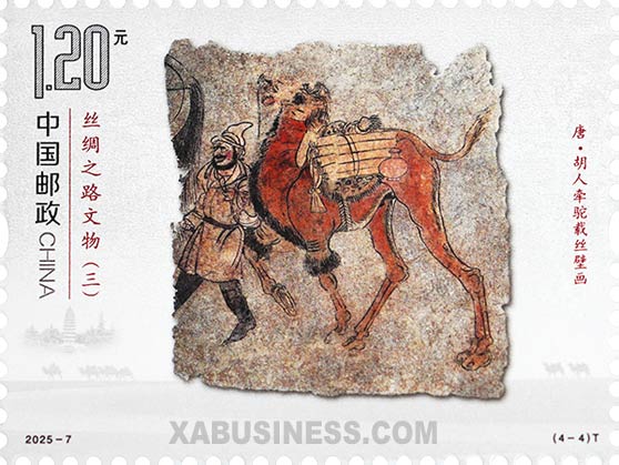 Mural Featuring a Hu Tribesman Leading a Camel Loaded with Silk, Tang Dynasty